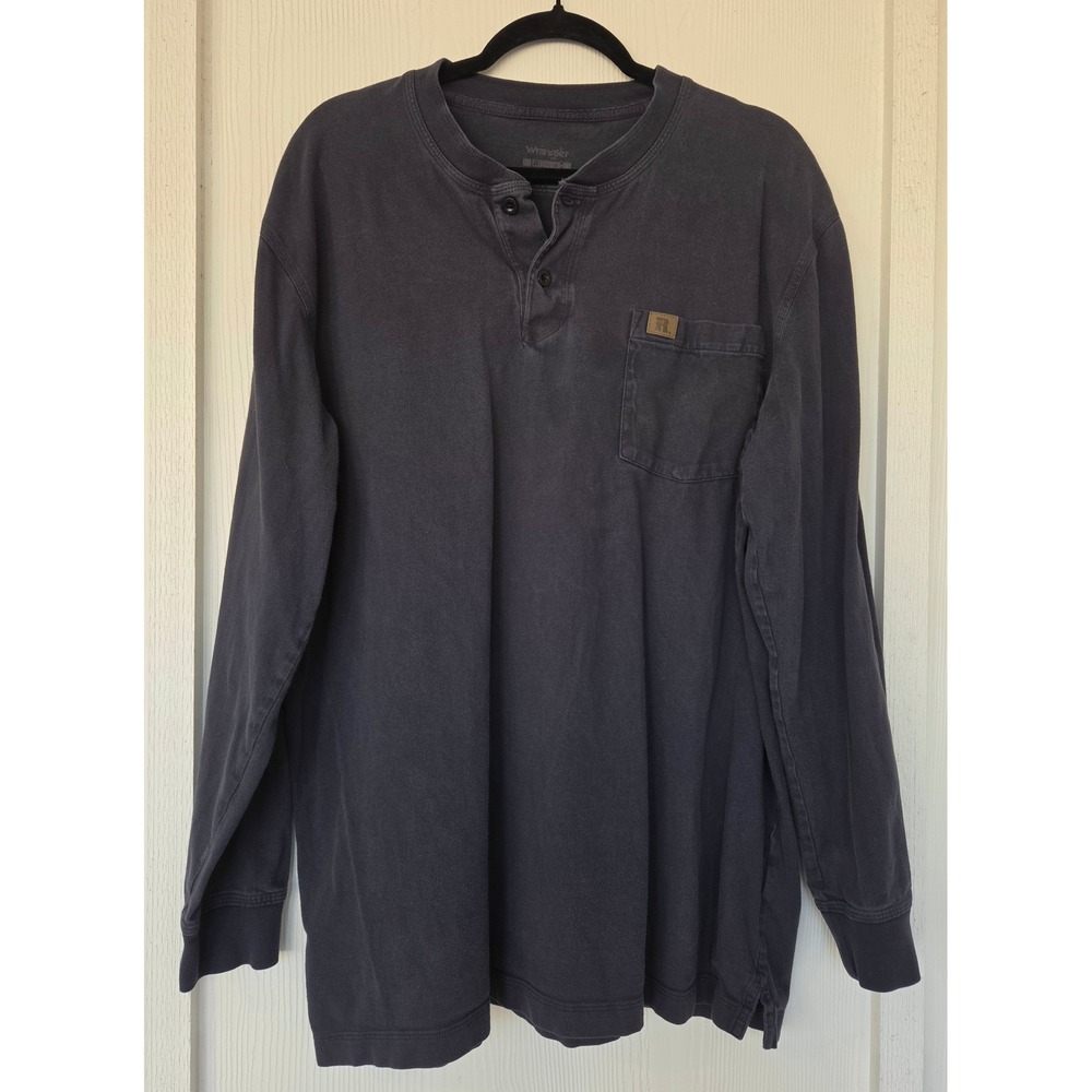 Wrangler Mens Navy Blue Long Sleeve Henley Shirt Pocket Size LT Preppy Academia